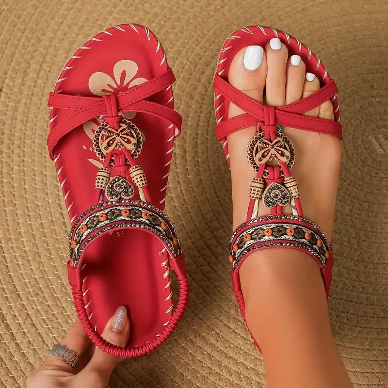 Sandale Slingback Momount Damă – Turcoaz Boho cu Mărgele și Strasuri, Plate