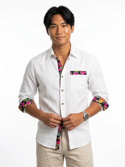 Momount Men Linen Shirt – Long Sleeve Floral Contrast Trim Hawaiian Casual - White - front
