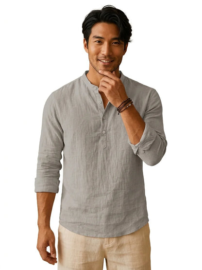 Momount Men Linen Henley Shirt – Long Sleeve Band Collar Breathable Casual - Gray - front
