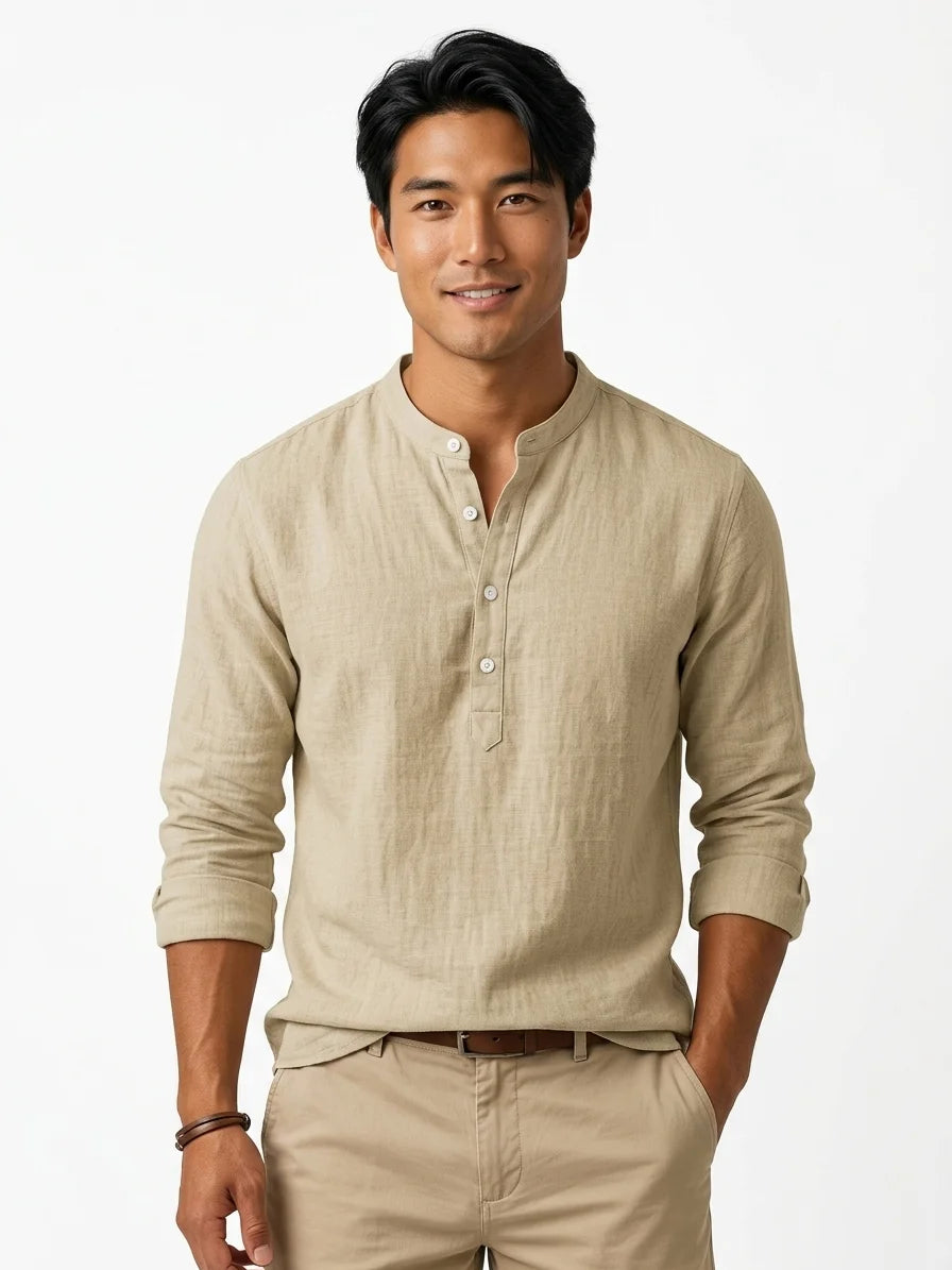 Momount Men Linen Henley Shirt – Long Sleeve Band Collar Breathable Casual - Beige - front