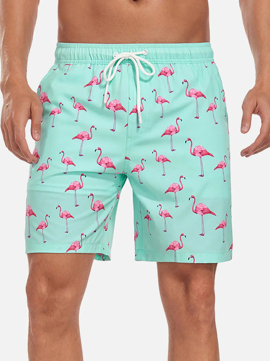 Pantaloni de Baie Momount Bărbați – Imprimeu Flamingo, Cordon, Plajă de Vară