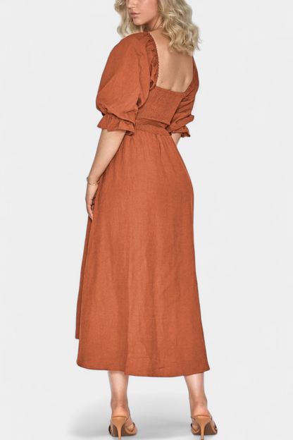 Rochie Midi de Vară Momount Damă – Mânecă Bufantă cu Decupaj, Croială A-line