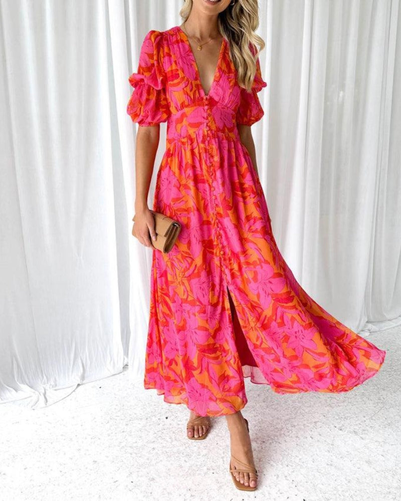 Rochie Maxi Vera cu Mânecă Bufantă | Imprimeu, Decolteu V, Vaporoasă