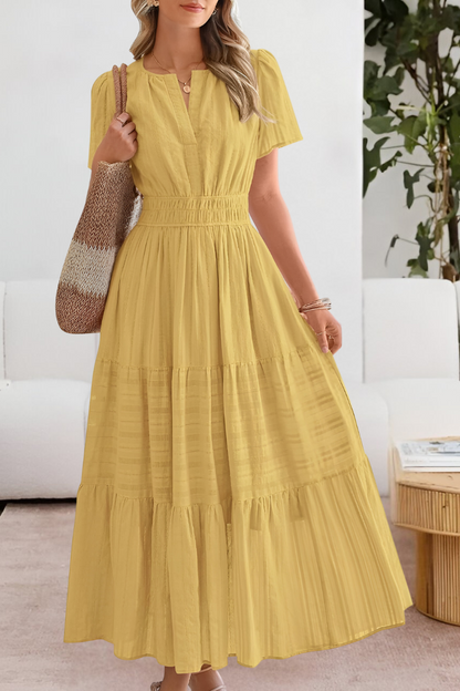 Evangelia | Rochie Midi Boho de Vară Smocked cu Decolteu V, Etajată