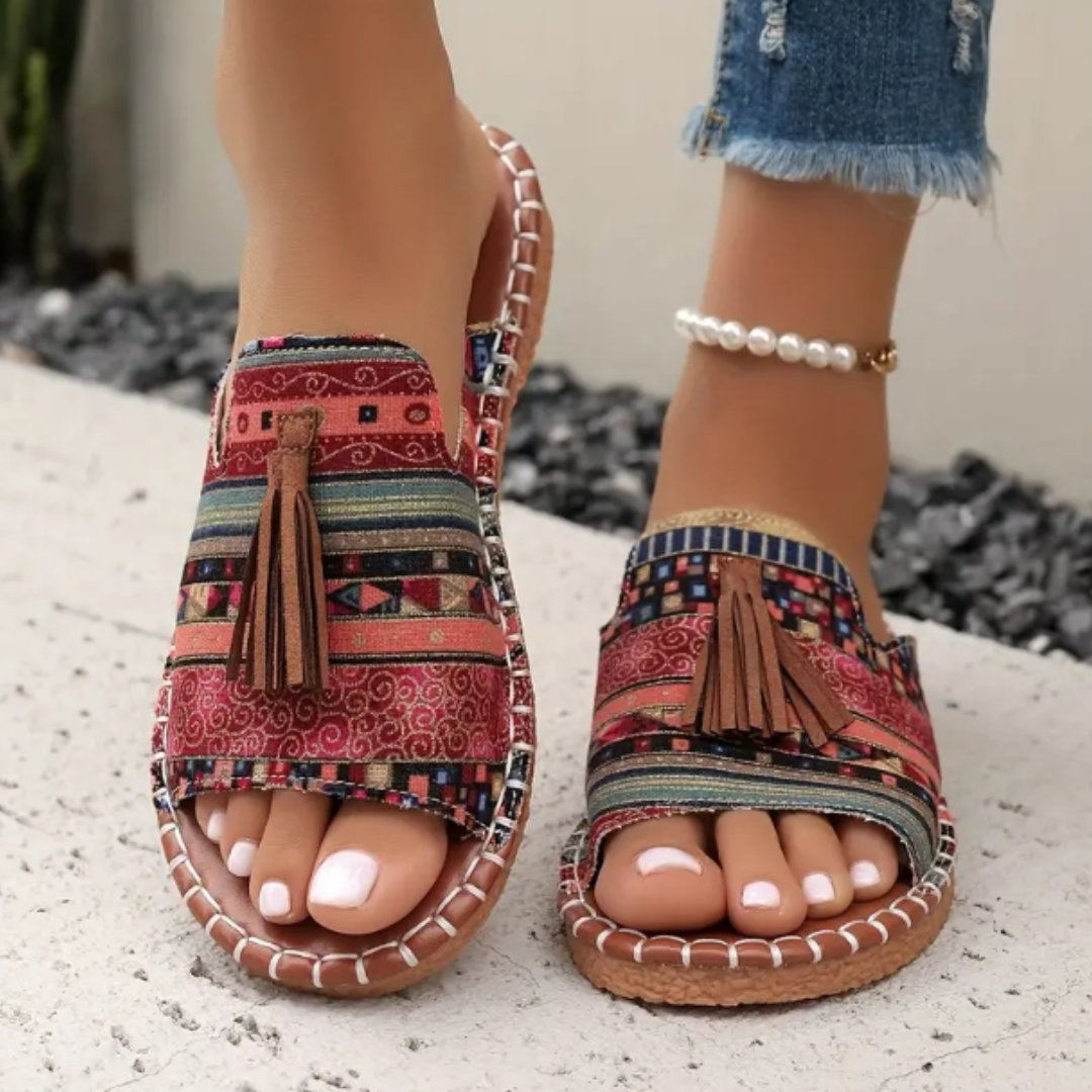 Momount Sandale Plate Damă Confort Slip On Casual Vară Suport Pernuțat Ușoare Vârf Deschis Design Boho cu Ciucuri