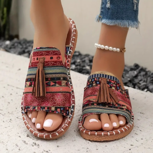 Momount Sandale Plate Damă Confort Slip On Casual Vară Suport Pernuțat Ușoare Vârf Deschis Design Boho cu Ciucuri