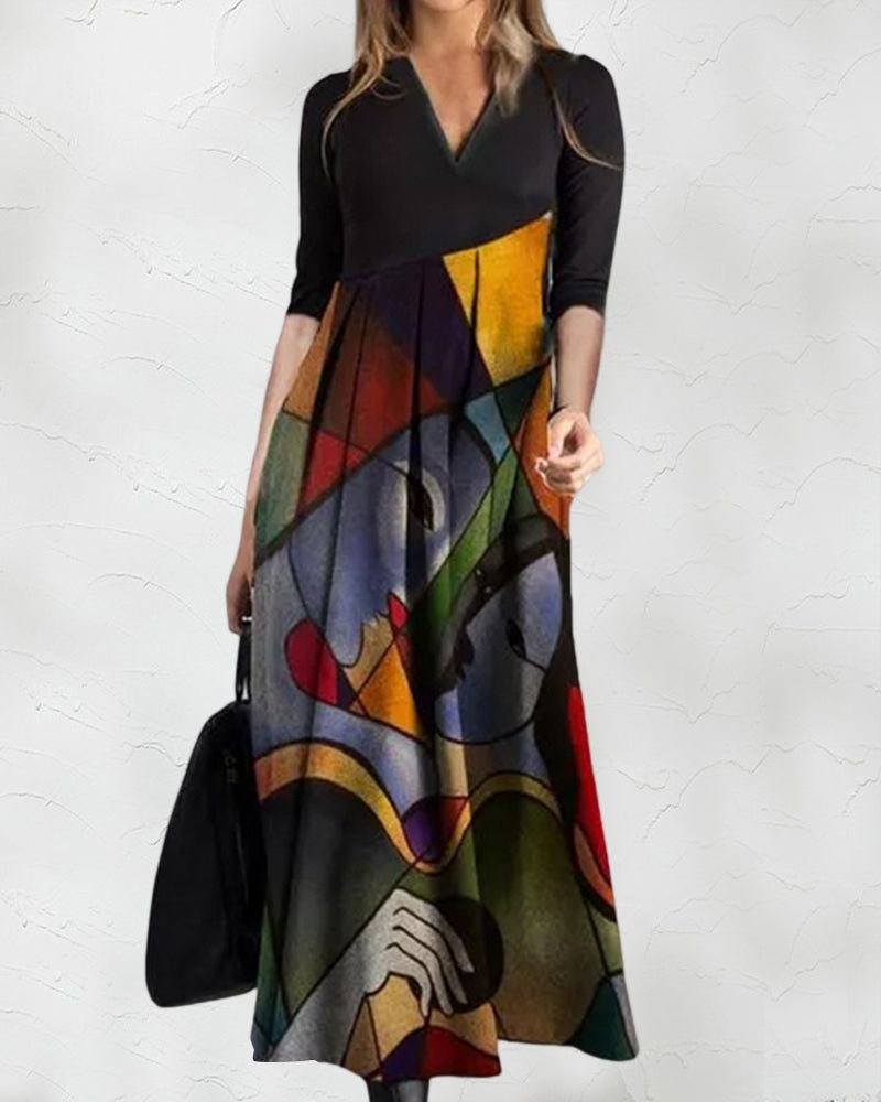Cassellia | Rochie Maxi Evazată cu Imprimeu Abstract și Decolteu în V | Momount Vară
