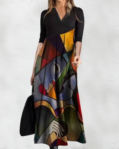 Cassellia | Rochie Maxi Evazată cu Imprimeu Abstract și Decolteu în V | Momount Vară