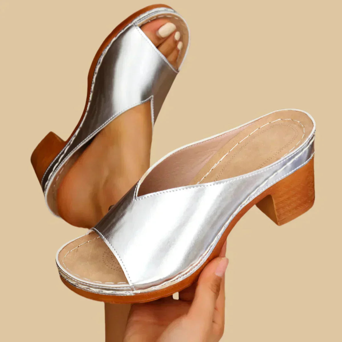 Miralena | Sandale Slide cu Toc Bloc Platformă Metalice Argintii