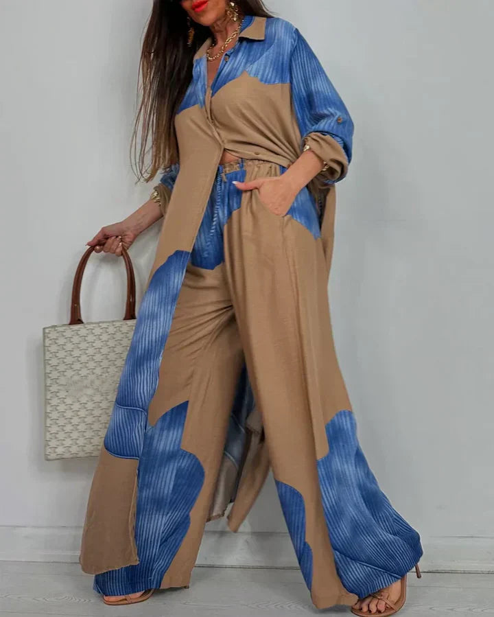 Araminta | Set de Vară cu Imprimeu Botanic, Cămașă cu Nasturi și Pantaloni Largi