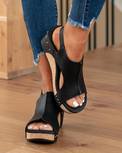 Sandale Wedge Momount Damă – Piele Patinată, Platformă din Plută, Slingback