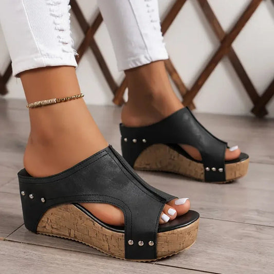 Sandale Wedge Momount Damă cu Platformă din Plută Neagră, Peep-Toe, Mule, cu Țintele
