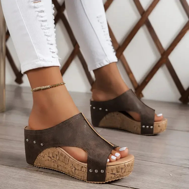 Sandale Wedge Momount Damă cu Platformă din Plută Neagră, Peep-Toe, Mule, cu Țintele