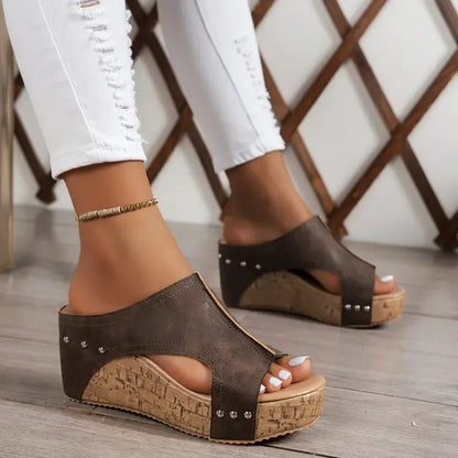 Sandale Wedge Momount Damă cu Platformă din Plută Neagră, Peep-Toe, Mule, cu Țintele