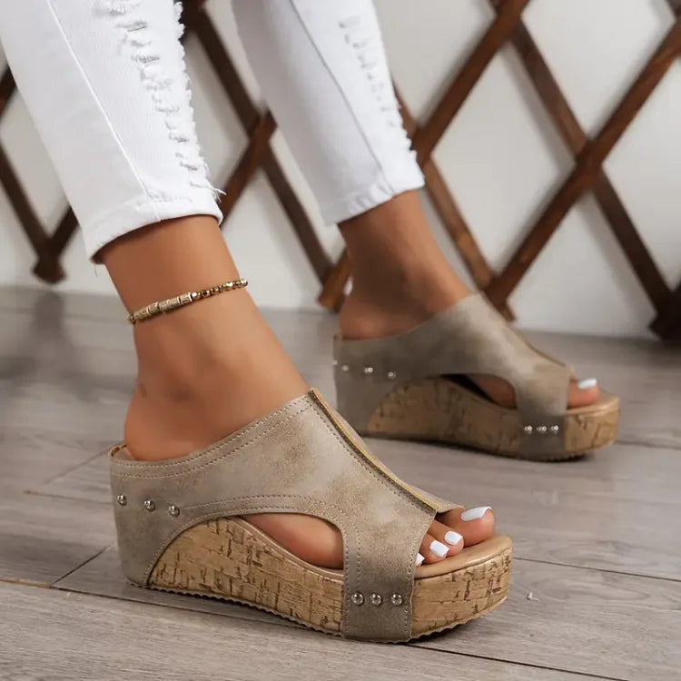 Sandale Wedge Momount Damă cu Platformă din Plută Neagră, Peep-Toe, Mule, cu Țintele