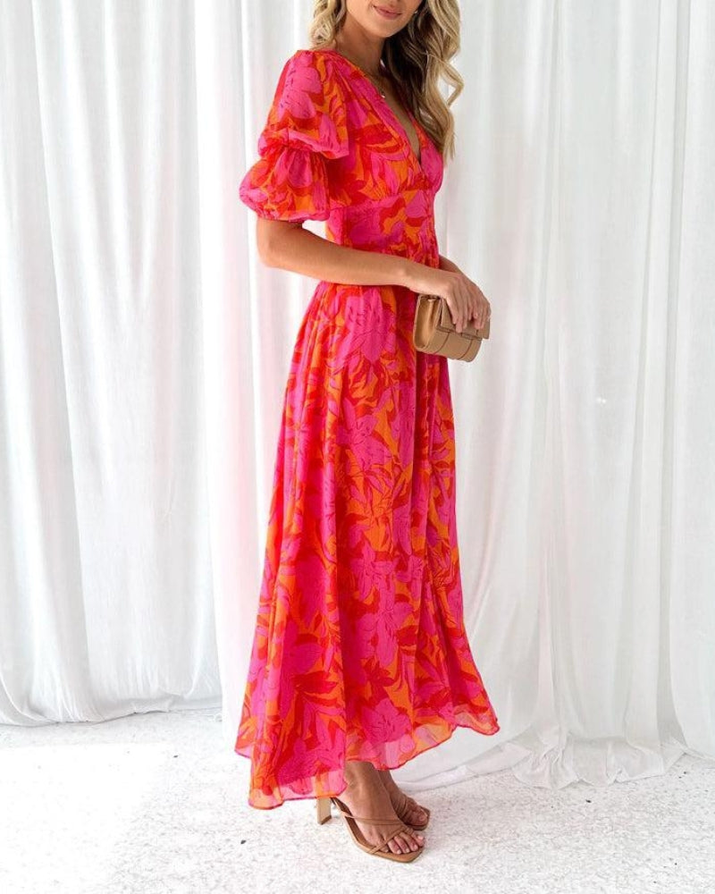 Rochie Maxi Vera cu Mânecă Bufantă | Imprimeu, Decolteu V, Vaporoasă