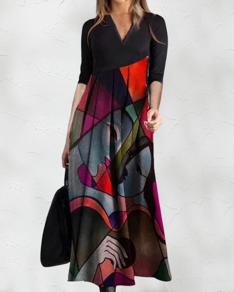 Cassellia | Rochie Maxi Evazată cu Imprimeu Abstract și Decolteu în V | Momount Vară