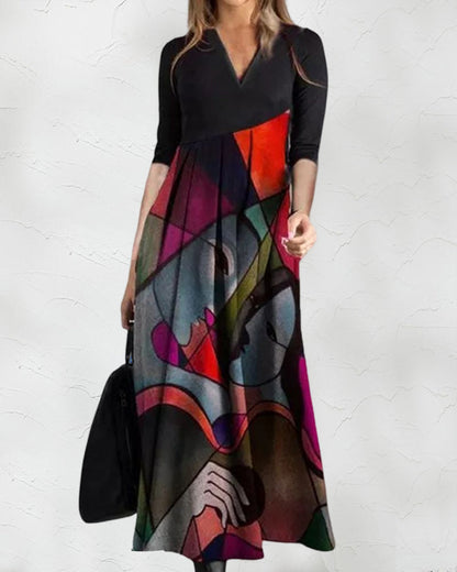Cassellia | Rochie Maxi Evazată cu Imprimeu Abstract și Decolteu în V | Momount Vară