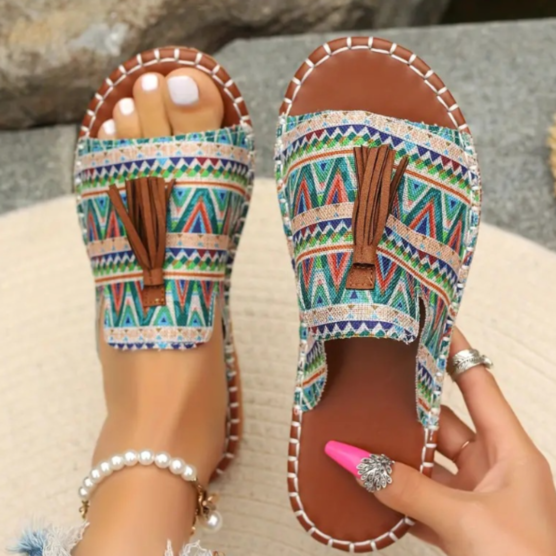 Momount Sandale Plate Damă Confort Slip On Casual Vară Suport Pernuțat Ușoare Vârf Deschis Design Boho cu Ciucuri