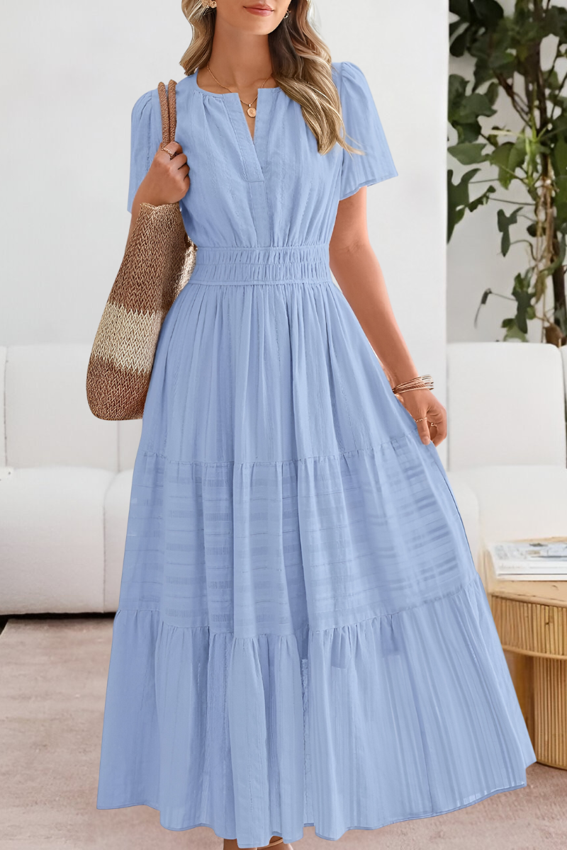 Evangelia | Rochie Midi Boho de Vară Smocked cu Decolteu V, Etajată