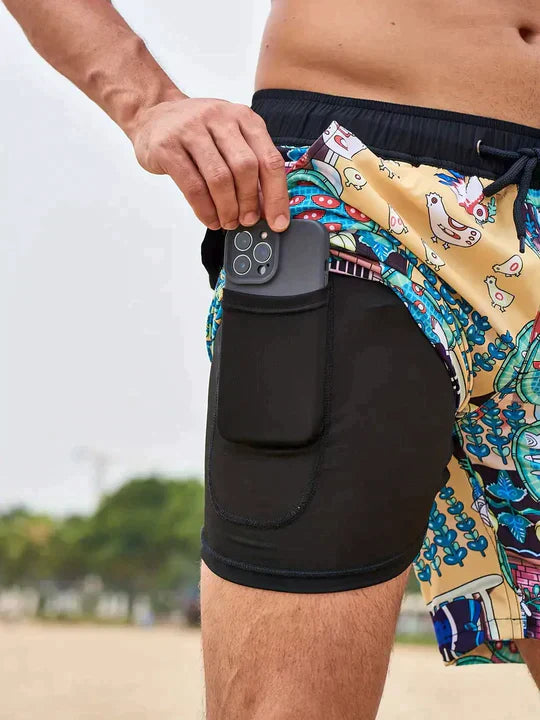 Momount Pantaloni de Baie Bărbați – Imprimeu Palmieri cu Șnur și Plasă Interioară