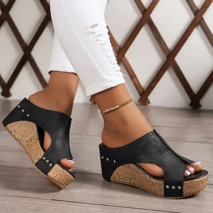 Sandale Wedge Momount Damă cu Platformă din Plută Neagră, Peep-Toe, Mule, cu Țintele