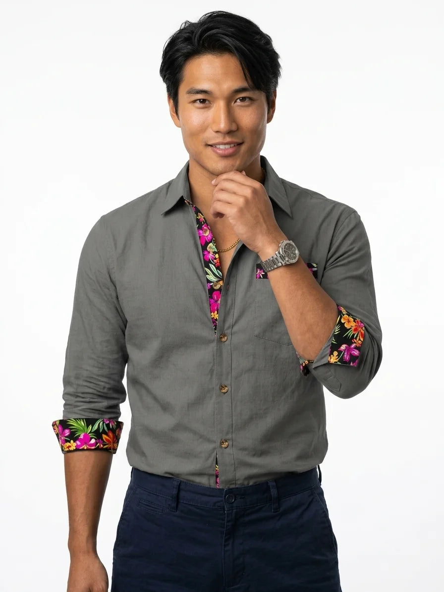 Momount Men Linen Shirt – Long Sleeve Floral Contrast Trim Hawaiian Casual - Gray - front
