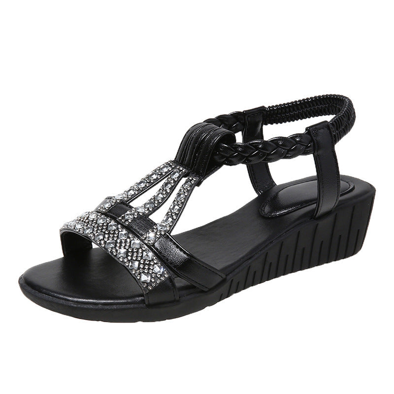 Sandale Wedge Momount Damă – Boho cu Strasuri, Curele Împletite T-Strap pentru Vară