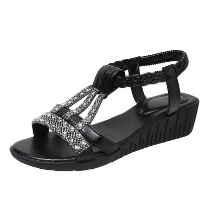 Sandale Wedge Momount Damă – Boho cu Strasuri, Curele Împletite T-Strap pentru Vară