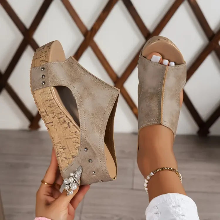 Sandale Wedge Momount Damă cu Platformă din Plută Neagră, Peep-Toe, Mule, cu Țintele