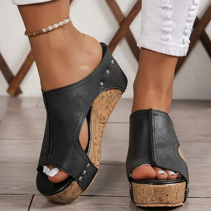 Sandale Wedge Momount Damă cu Platformă din Plută Neagră, Peep-Toe, Mule, cu Țintele