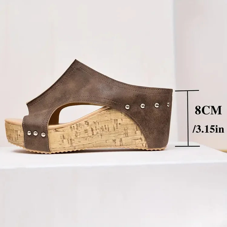 Sandale Wedge Momount Damă cu Platformă din Plută Neagră, Peep-Toe, Mule, cu Țintele