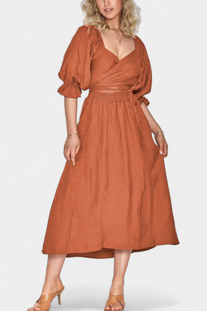 Rochie Midi de Vară Momount Damă – Mânecă Bufantă cu Decupaj, Croială A-line