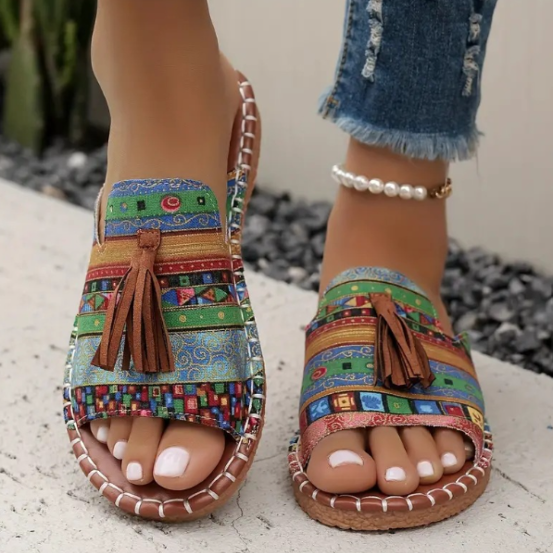 Momount Sandale Plate Damă Confort Slip On Casual Vară Suport Pernuțat Ușoare Vârf Deschis Design Boho cu Ciucuri