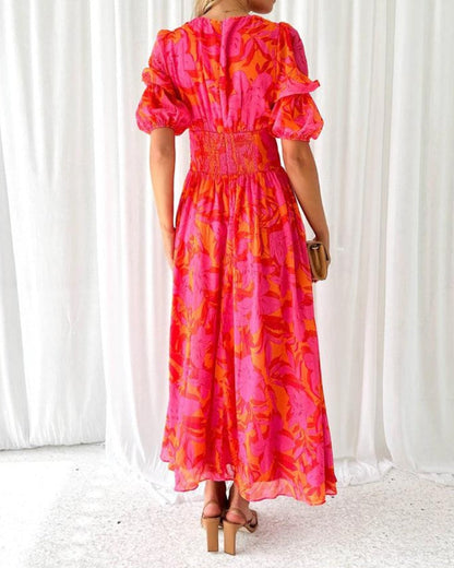 Rochie Maxi Vera cu Mânecă Bufantă | Imprimeu, Decolteu V, Vaporoasă