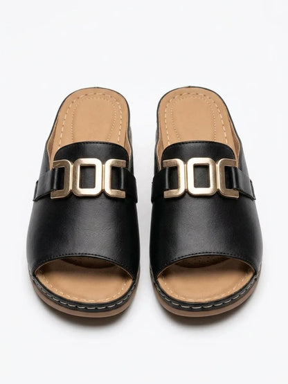 Bellarisa | Gold Chain Buckle Flat Slide Sandals - Black - front