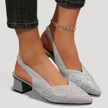 Pantofi Slingback Momount Damă – Strasuri, Vârf Ascuțit, Toc Bloc Mic, V-Cut