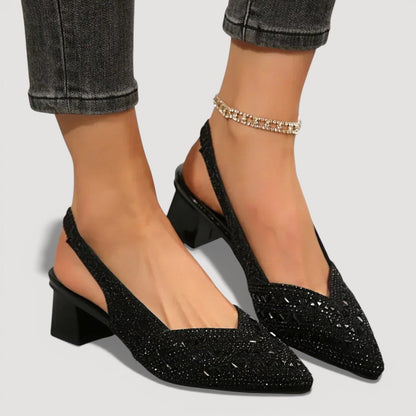 Pantofi Slingback Momount Damă – Strasuri, Vârf Ascuțit, Toc Bloc Mic, V-Cut