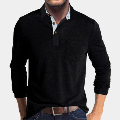 Momount Tricou Polo Bărbați Mânecă Lungă – Guler Contrast cu Buzunar Croială Clasică