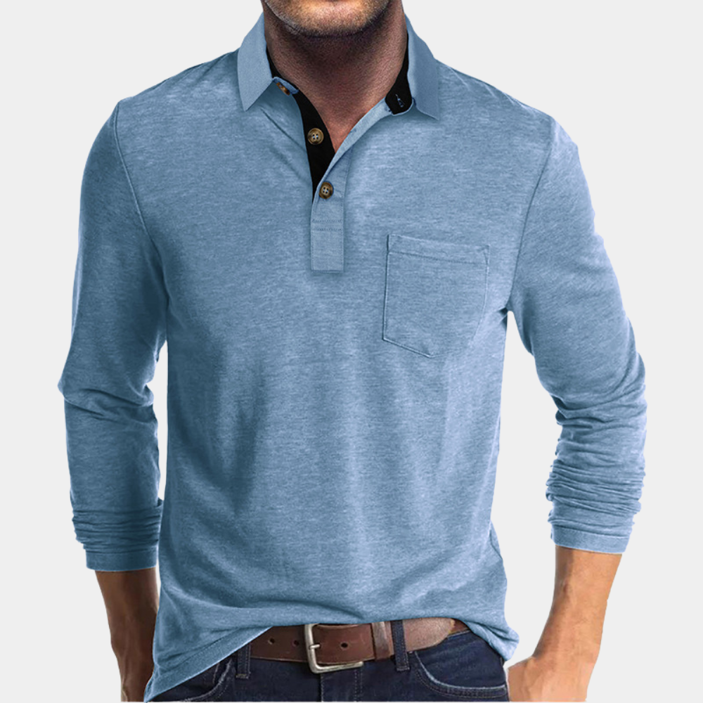 Momount Tricou Polo Bărbați Mânecă Lungă – Guler Contrast cu Buzunar Croială Clasică