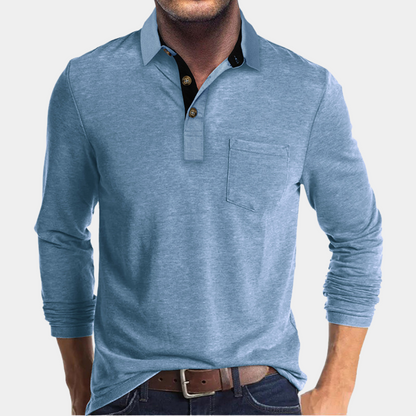 Momount Tricou Polo Bărbați Mânecă Lungă – Guler Contrast cu Buzunar Croială Clasică