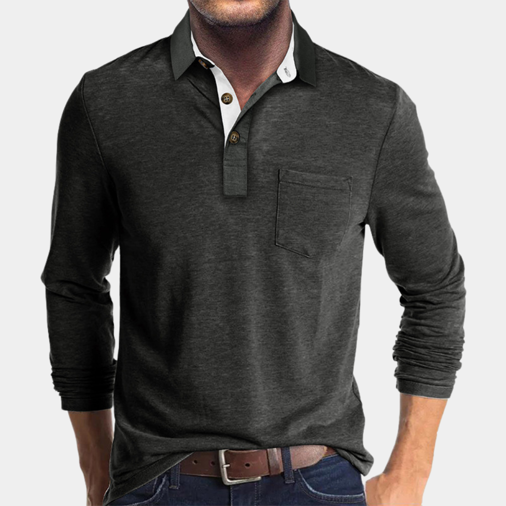 Momount Tricou Polo Bărbați Mânecă Lungă – Guler Contrast cu Buzunar Croială Clasică