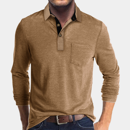 Momount Tricou Polo Bărbați Mânecă Lungă – Guler Contrast cu Buzunar Croială Clasică