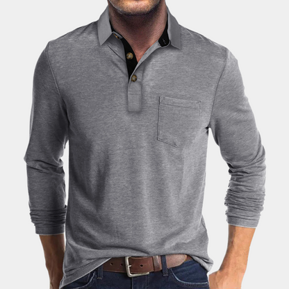 Momount Tricou Polo Bărbați Mânecă Lungă – Guler Contrast cu Buzunar Croială Clasică