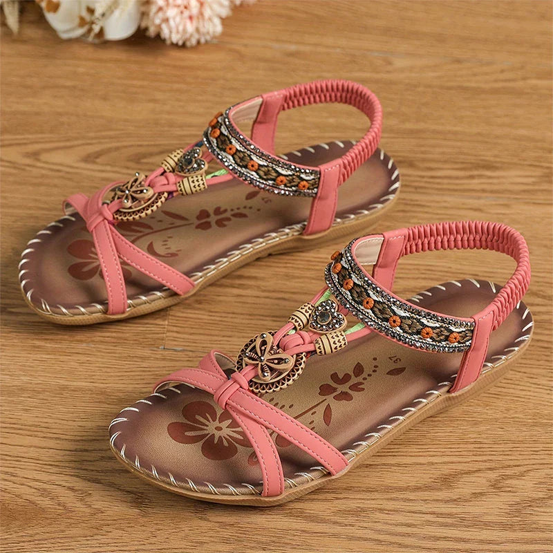 Sandale Slingback Momount Damă – Turcoaz Boho cu Mărgele și Strasuri, Plate