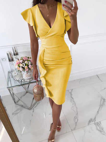 Octavia | Rochie Midi Bodycon de Vară Elegantă cu Volane și Decolteu V