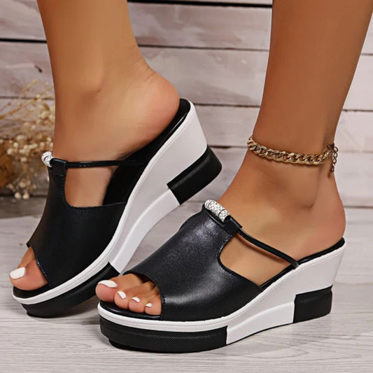 Sandale Wedge Momount Damă – Piele T-Bar cu Decupaj, Peep-Toe, Platformă Slide
