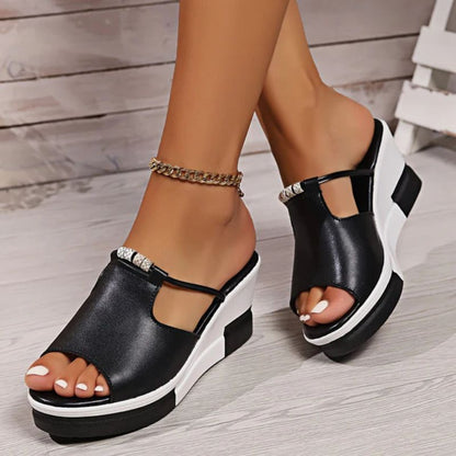 Sandale Wedge Momount Damă – Piele T-Bar cu Decupaj, Peep-Toe, Platformă Slide