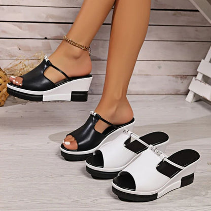 Sandale Wedge Momount Damă – Piele T-Bar cu Decupaj, Peep-Toe, Platformă Slide
