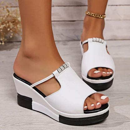 Sandale Wedge Momount Damă – Piele T-Bar cu Decupaj, Peep-Toe, Platformă Slide